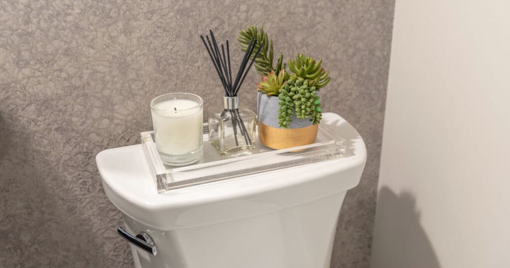 15 Best Reed Diffusers for Bathroom: A Buying Guide 10 reed diffuser in a tray at top of toilet bowl